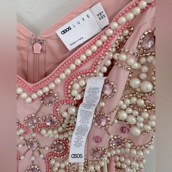 NWT ASOS Luxe pearl embellished puff sleeve caged mini dress in pink Sz 6(US) - Picture 9 of 16